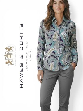 Hawes & Curtis Massimo Women Paisley Button Down Shirt Purple Teal US L